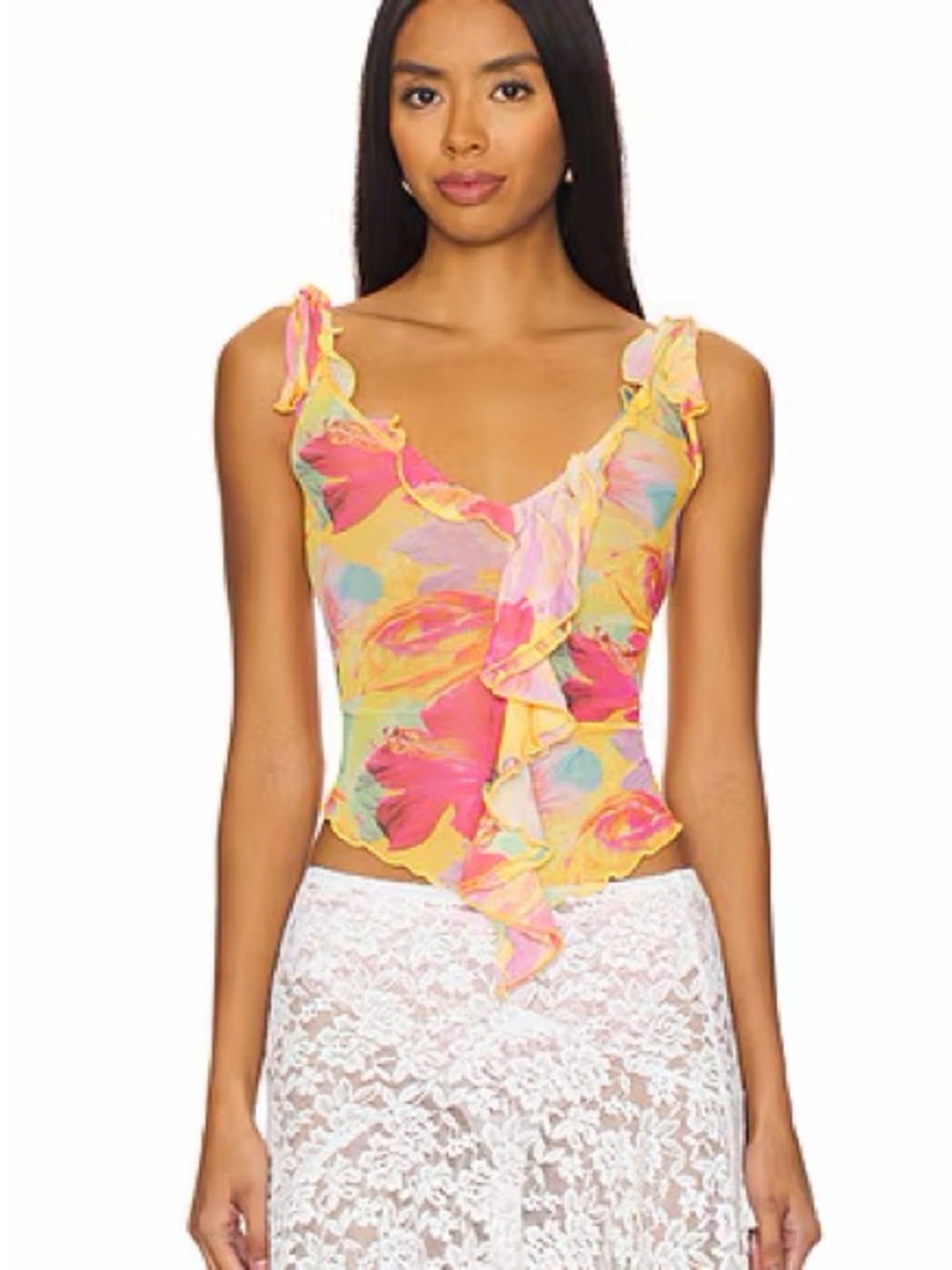Floral Ruffle V-Neck Tank Top - Yellow Multi
